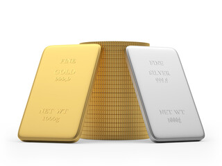Two gold and silver bars and a stack of coins on white. 3d illustration