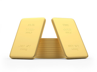 Two gold bars and a stack of coins on white. 3d illustration