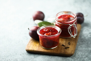 Traditional homemade plum jam, canned