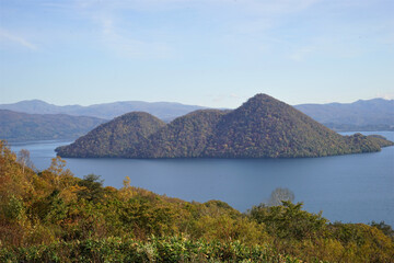 View of Lake Toya, Toyako, with autumn foliage yellow tree, Hokkaido in Japan - 秋の紅葉した景色 洞爺湖 北海道 日本