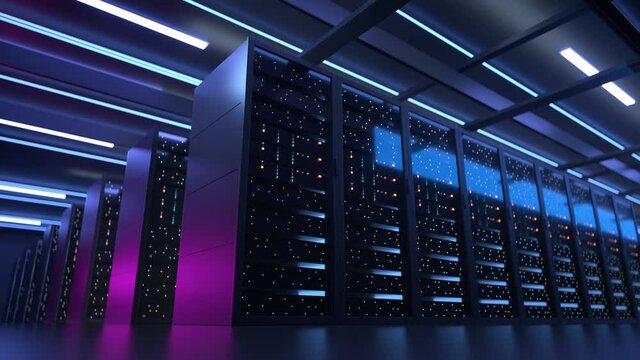Working Data Center Full of Rack Servers and Supercomputers, Modern Telecommunications, Artificial Intelligence, Supercomputer Technology Concept.3d rendering,4K