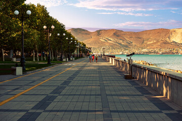 Novorossiysk Russia, Black Sea coast, embankment and city beach a place of rest for citizens and tourists