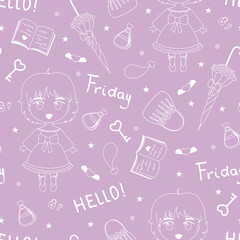 Seamless pattern with cute little girls, diaries, umbrellas, handbags, perfume, hearts. Hand draw lettering hello, friday. White line art on a pink background.