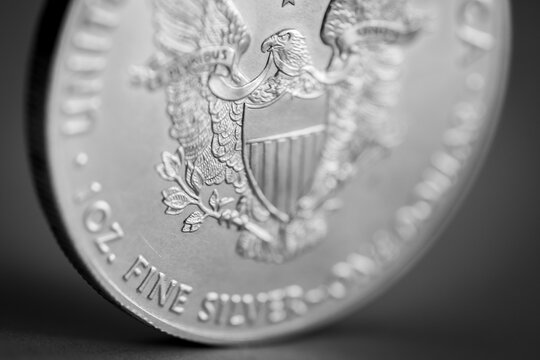 Isolated close up macro of a one ounce .999 US Silver Eagle Coin
