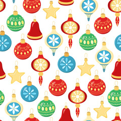 Hand drawn seamless pattern of colorful decorative glass Christmas tree balls. Happy New Year and Christmas drop ornaments holiday illustration for greeting card, invitation, wallpaper, wrapping paper