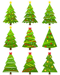 Decorative Christmas trees icons set. Cute Christmas trees with toys. Fir tree. Pine tree. Spruce tree. Vector illustration.