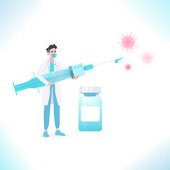 Vaccination and immunization concept. Doctor wearing medical mask holding medical syringe with vaccine against virus germs. Fighting against disease, vector illustration