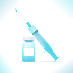 Vaccination concept. Medical syringe with drop of vaccine on needle and vial of medicine, protection from disease. Healthcare and immunization, vector illustration