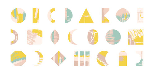 Grunge design set. Abstract modern geometric shapes. Grungy elements collection. Grunge ink splatter. Paint stains. Quirky scribble stickers.