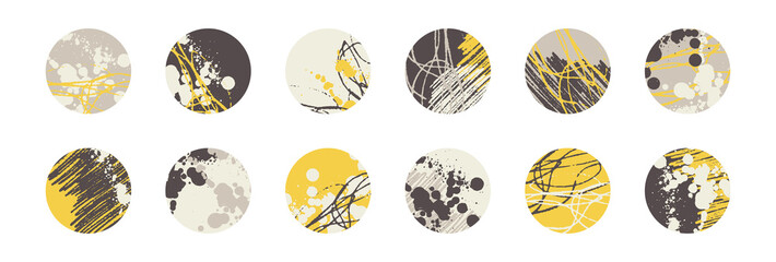 Grunge design set. Abstract circles. Round shape grungy elements collection. Grunge ink splatter. Paint stains. Quirky scribble stickers.