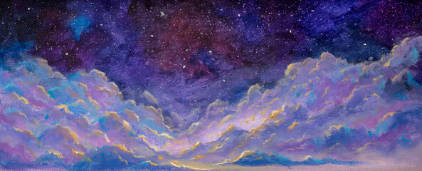 Panoramic beautiful landscape with night starry sky fantasy clouds over mountains hill handmade oil painting watercolor fantasy art panorama banner. - obrazy, fototapety, plakaty