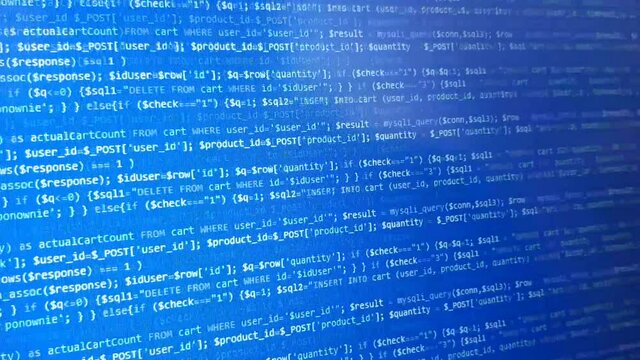 Blue software development screen. Computer science. Programming language background. 