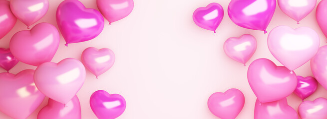 Happy Valentines Day with pink heart shape balloon, copy space text, wide background, 3D rendering illustration.