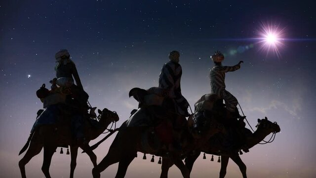 Christian Christmas scene with the three wise men and shining star, 3d render