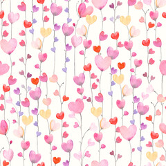 Cute seamless pattern with vertical garland of hearts. Watercolor illustration on ivory background. Colorful print for textile, wrapping paper, wallpapers or cover. - 400546987