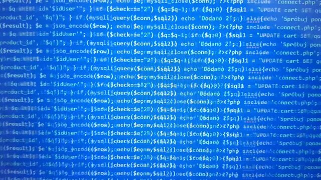 Blue software development screen. Computer science. Programming language background. 