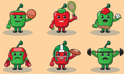Fototapeta premium Illustration vector graphic cartoon character of cute Paprika doing sport set. Cute and funny fruit emotion set. Basket, boxing, tennis, baseball.