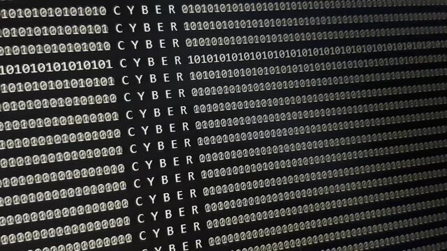 Software development screen with word CYBER. Scrollining binary code. Programming dark background