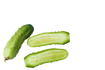 Close up view of cucumber cut in two parts isolated on white background. Fresh vegetables and healthy eating concept.