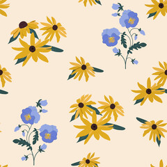 Seamless vector illustration with flowers of rudbeckia and pansies on beige background.