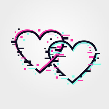Glitch hearts. Online dating service concept. Love symbol, vector shape. Flat icon