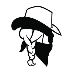 Black and white cowgirl wearing bandana portrait side view symbol on gray backdrop. Design element