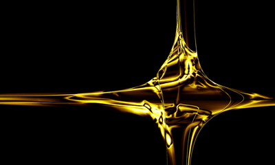 Elegant fluid shape of gold on black background. 3d art suitable for interior decoration, prints or web purposes.
