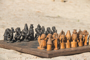 African chess, hand made from baobab wood. African style wooden figurine, local art