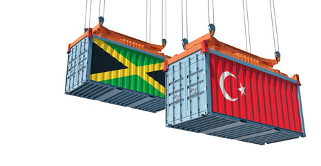 Freight containers with Turkey and Jamaica national flags. 3D Rendering 