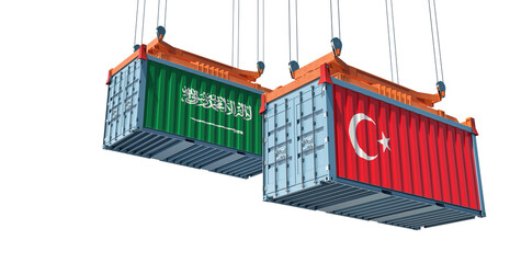 Freight containers with Turkey and Saudi Arabia national flags. 3D Rendering 