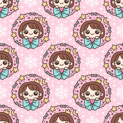 Seamless pattern with cute cartoon Princess and pink Christmas wreath decorated stars, moon, bow and candy. It can be used for packaging, wrapping paper, textile and etc.