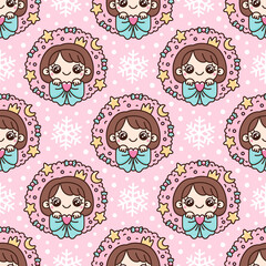 Seamless pattern with cute cartoon Princess and pink Christmas wreath decorated stars, moon, bow and candy. It can be used for packaging, wrapping paper, textile and etc.