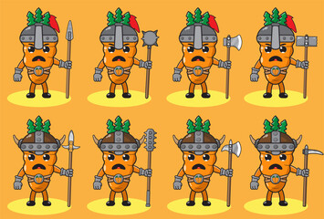 Illustration vector graphic cartoon character of cute Carrot knight. Cute and funny fruit set. Two handed weapons and hand up pose set.Good for icon, logo, label,sticker, clipart.