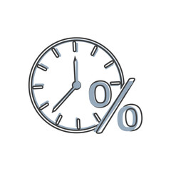 Vector clock icon and percent sign. Loan symbol on cartoon style on white isolated background.