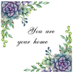 Watercolor succulent frame. Hand painted green and violet cactus angle. For wedding design, invitations, fabric, textile, baby shower. Isolated on white background. 