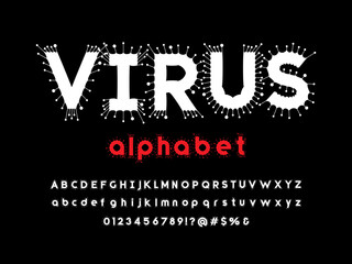 Virus infectious disease style alphabet design with uppercase. lowercase, numbers and symbols