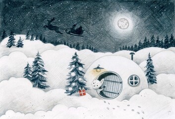 Naklejka premium winter landscape background, hare with a gift in a house, Christmas greeting card, color pencil drawing