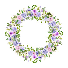 Obraz na płótnie Canvas Purple and pink flowers wreath. Wattercolor gentle Hand painted floral spring frame. Green branches. Bright Isolated florish wreath. For invitations, wedding design, shower