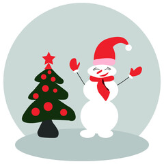 New Year happy snowman with Christmas tree on a gray background