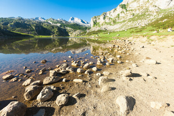 views of the mountain lake of the national park peaks of europe