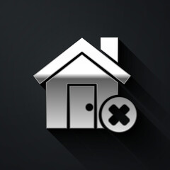 Silver House with wrong mark icon isolated on black background. Home and close, delete, remove symbol. Long shadow style. Vector Illustration.