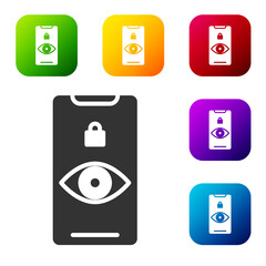 Black Eye scan icon isolated on white background. Scanning eye. Security check symbol. Cyber eye sign. Set icons in color square buttons. Vector Illustration.