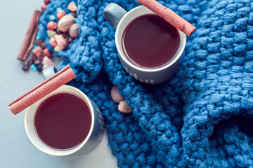 hot chocolate with cinnamon on a background of blue knitted plaid