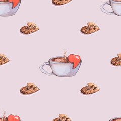 watercolor drawing pattern valentine's day cup of coffee and cookies with a heart