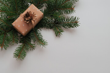 Christmas holiday gift with pine branches on white background. Copy space