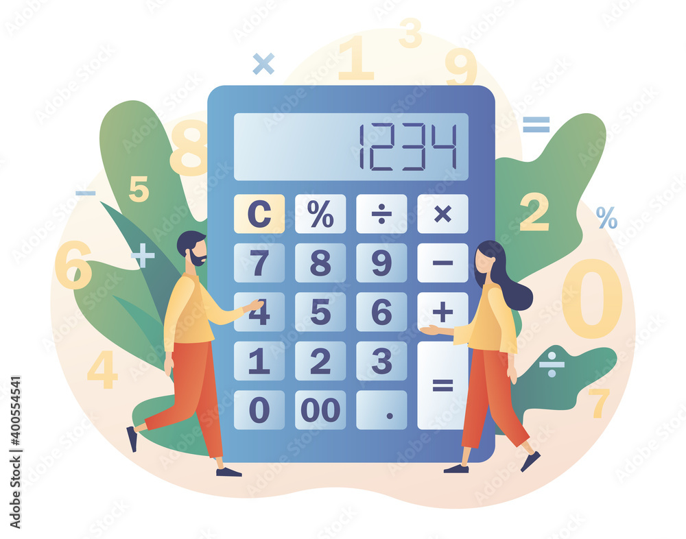 Wall mural Big calculator and tiny people with calculating. Accounting, financial analytics, bookkeeping,  budget calculation, audit debit and credit calculations. Modern flat cartoon style. Vector illustration