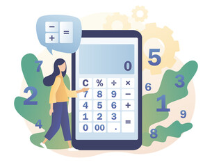 Calculator app. Tiny girl with calculating. Accounting, financial analytics, budget calculation, bookkeeping,  audit debit and credit calculations. Modern flat cartoon style. Vector illustration