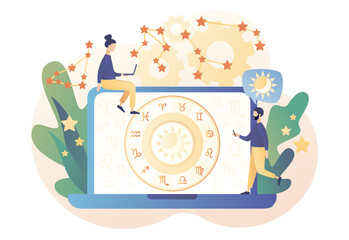 Astrology science concept. Tiny people astrologers reading natal chart online. Astrological forecast. Zodiac, celestial coordinate system, stars and constellations. Modern flat cartoon style. Vector
