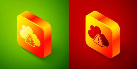 Isometric Storm warning icon isolated on green and red background. Exclamation mark in triangle symbol. Weather icon of storm. Square button. Vector.