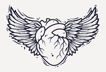 Human heart and Pair of bird wings with feathers
